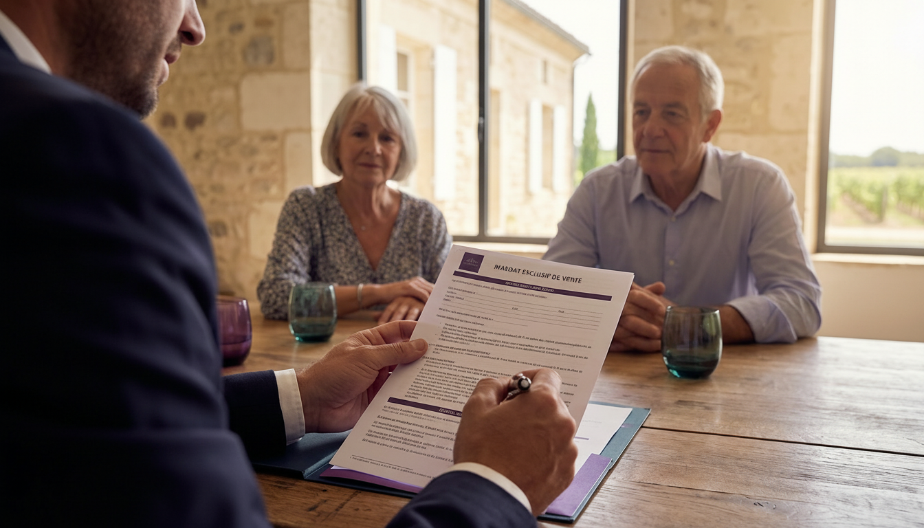 Vue en gros plan (over-the-shoulder) d'un contrat de mandat posé sur une table en bois, avec un styl