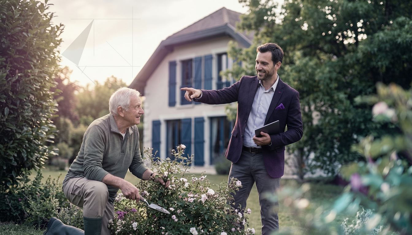 Un conseiller immobilier discutant aimablement avec un voisin âgé en train de jardiner, désignant un