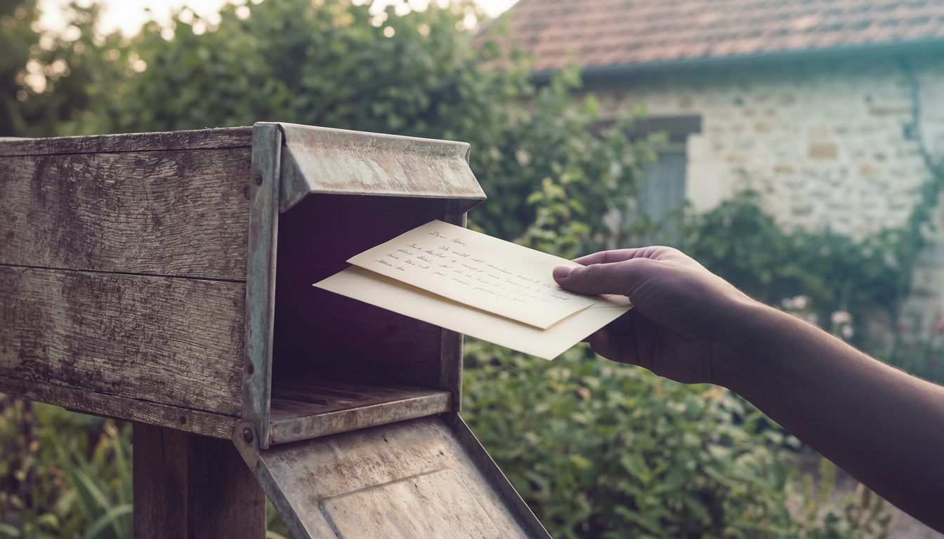 Gros plan sur une main tenant une lettre manuscrite et une enveloppe de qualité, s'apprêtant à la gl