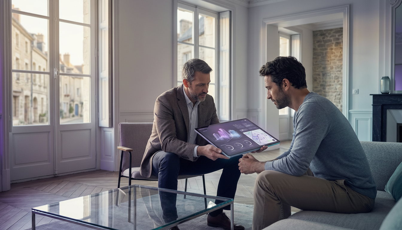 Conseiller immobilier sur le terrain montrant les données interactives sur sa tablette à un propriét