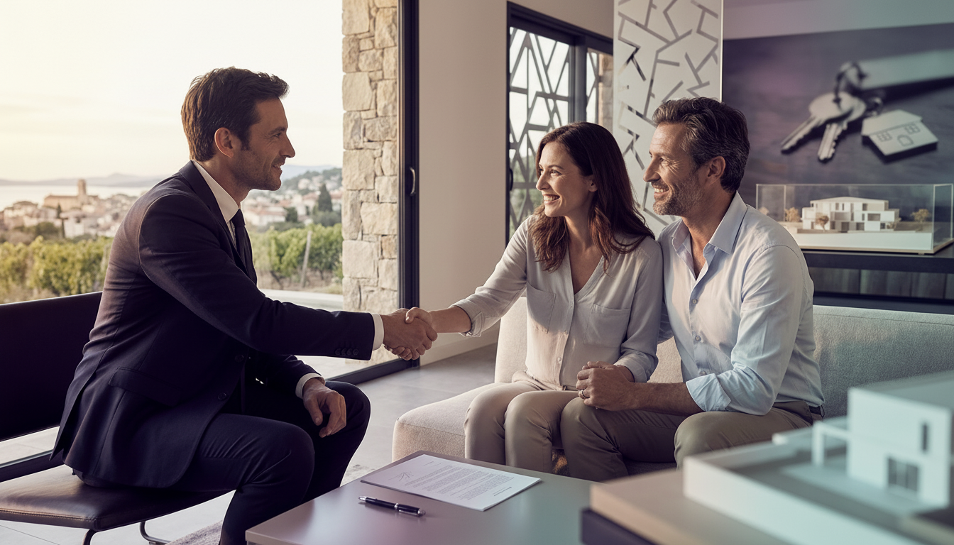 Poignée de main chaleureuse entre un agent commercial et un couple de vendeurs souriants autour d'un