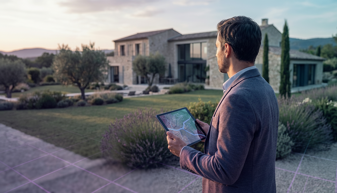 Conseiller immobilier sur le terrain, observant une grande propriété avec un vaste jardin, tenant un