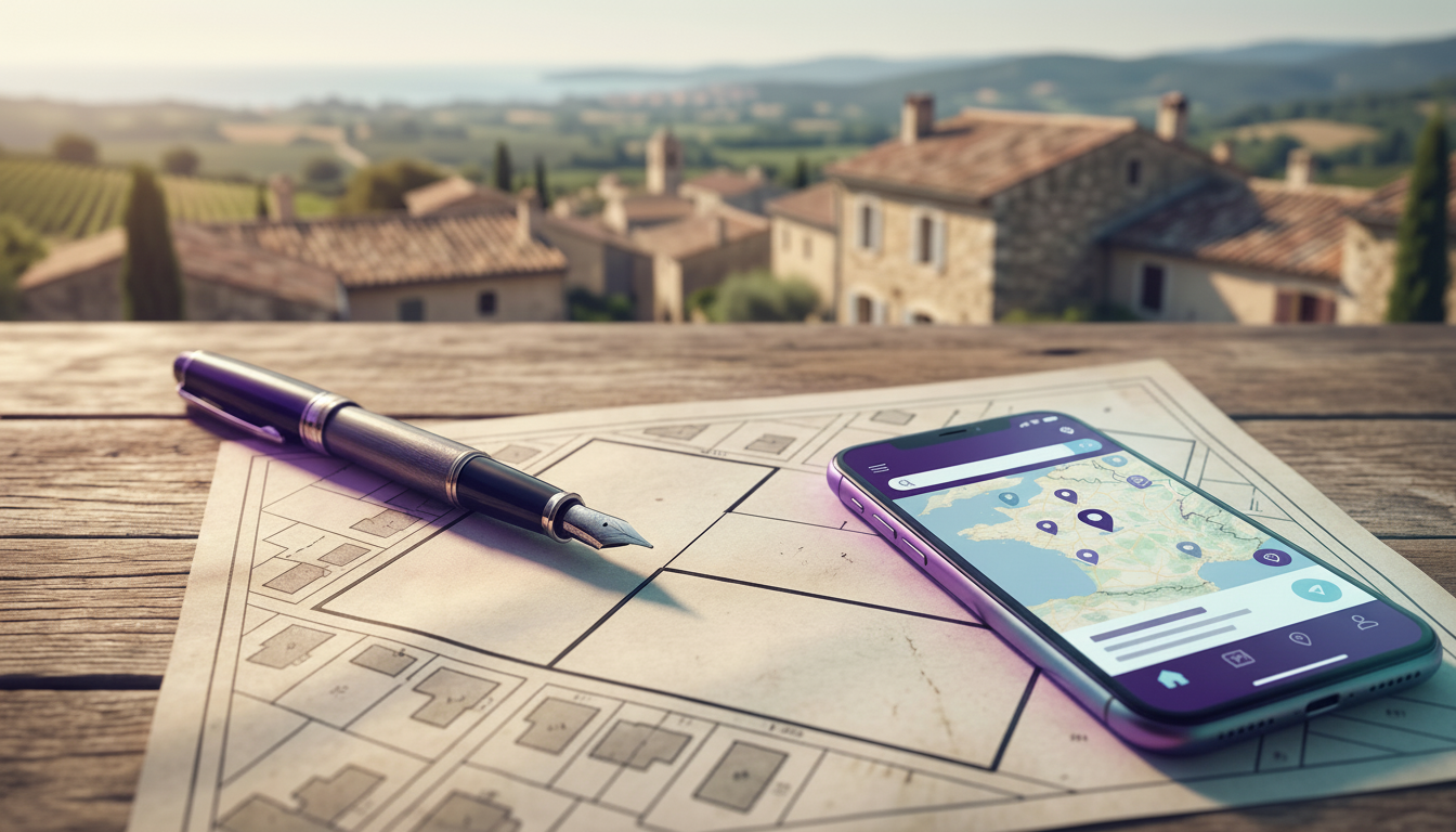 Vue de dessus d'un plan de cadastre posé sur une table avec un stylo pointant sur une ligne de divis