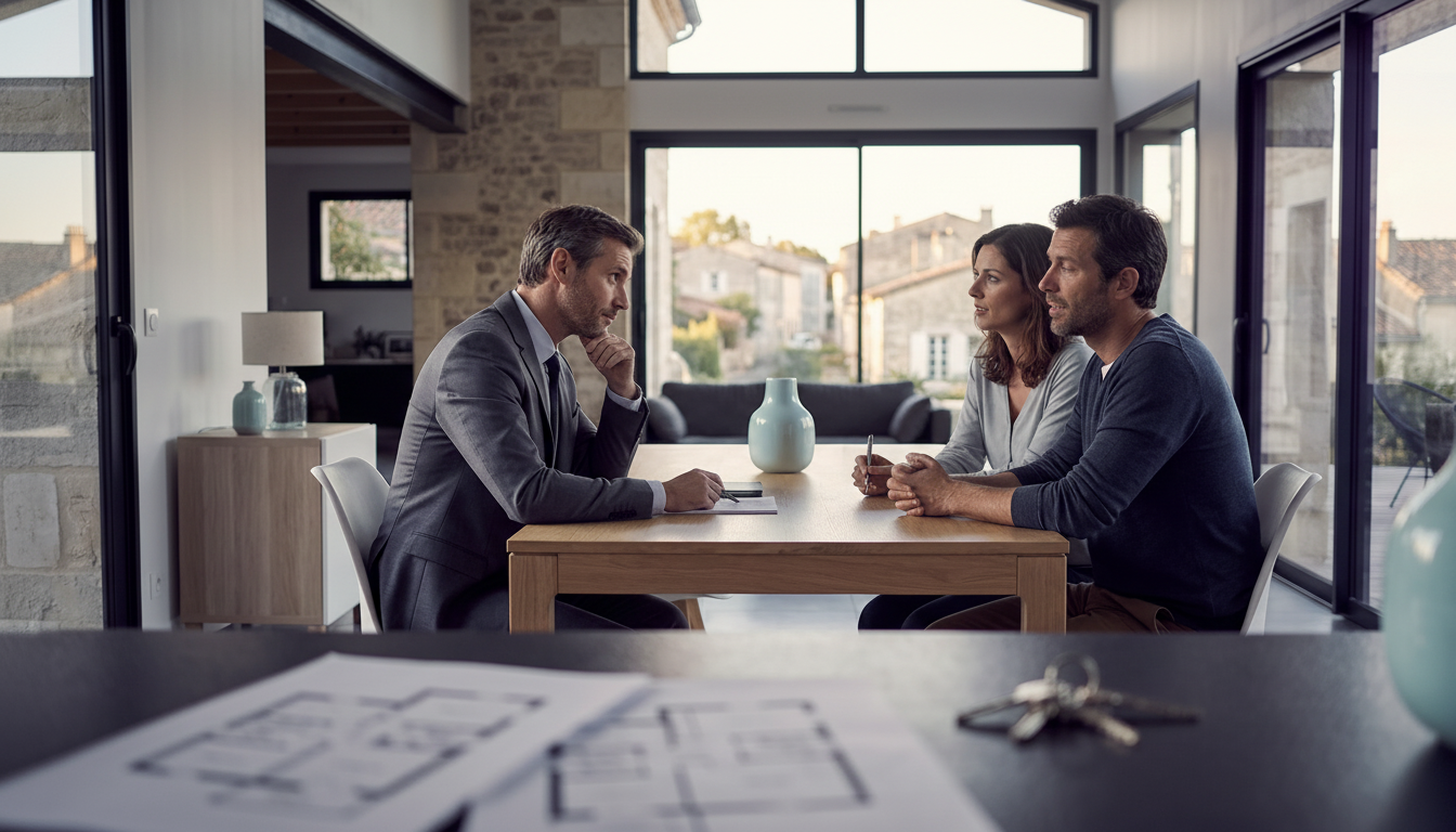 Conseiller immobilier assis à une table de salle à manger moderne, écoutant avec empathie un couple 