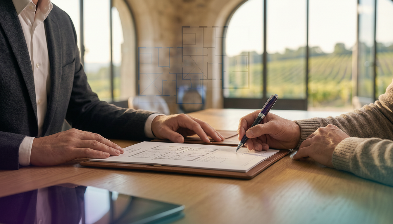 Plan rapproché sur les mains d'un conseiller immobilier et d'un client au-dessus d'un document de ma