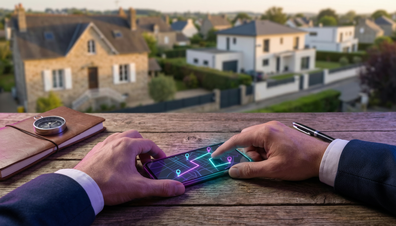 Vue de dessus d'un conseiller immobilier étudiant une carte interactive sur son smartphone lors d'un