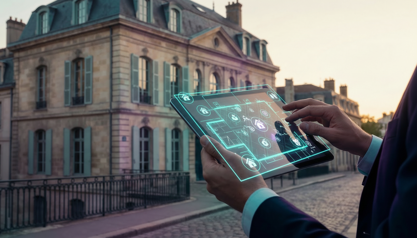 Écran de tablette affichant une carte interactive avec des points de données immobilières, tenue par