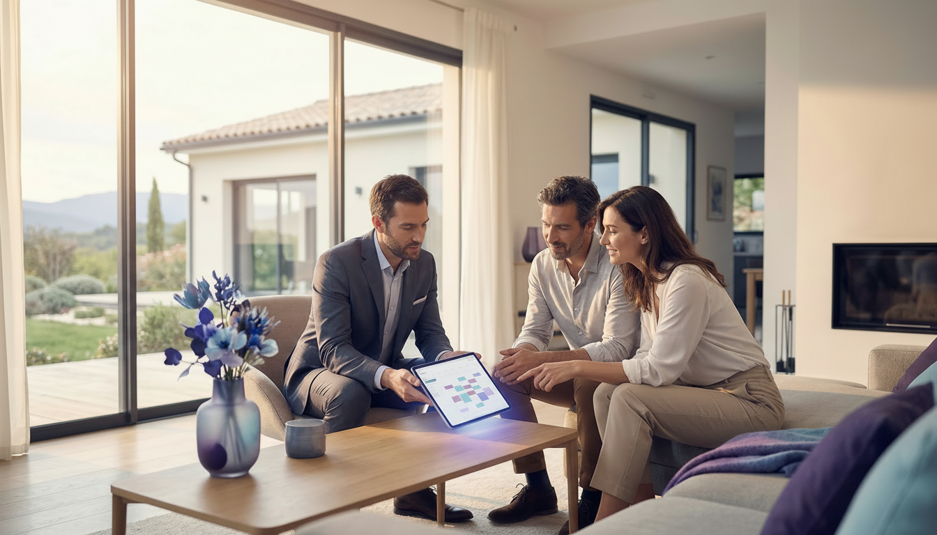 Conseiller immobilier rassurant un couple de vendeurs dans un salon moderne, leur montrant un calend