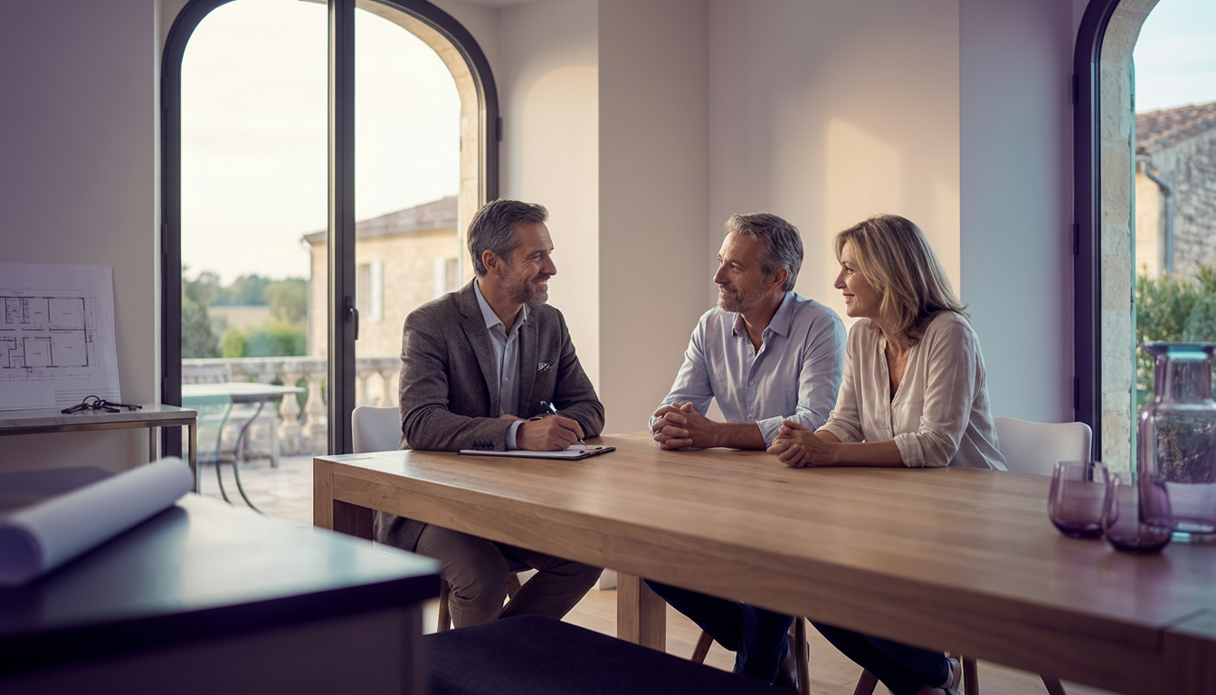 Plan moyen d'un conseiller immobilier assis à une table de salle à manger avec un couple de propriét