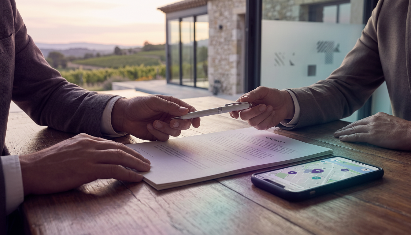 Gros plan sur les mains d'un conseiller immobilier et d'un client au-dessus d'un document sur une ta