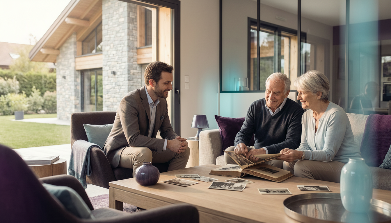 Un conseiller immobilier assis confortablement dans un salon lumineux, écoutant attentivement un cou