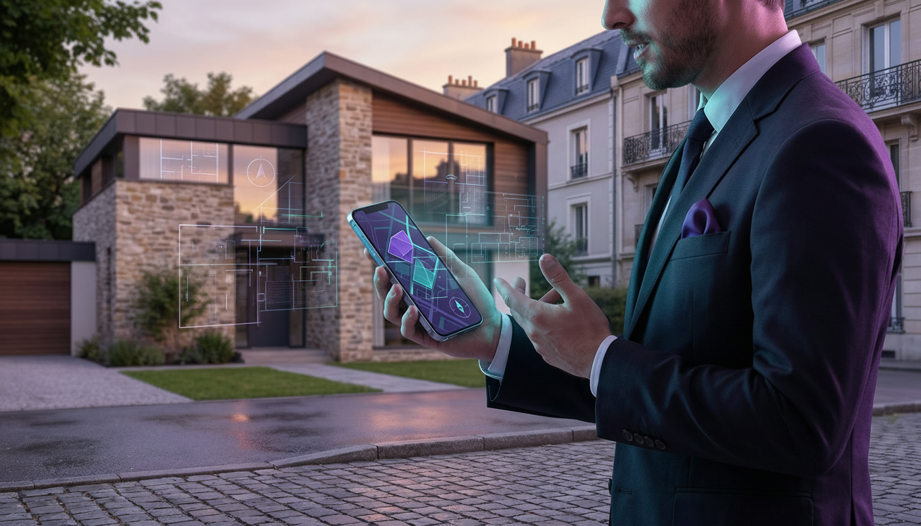 Plan rapproché d'un agent immobilier debout dans une rue résidentielle calme, dictant ses notes sur 