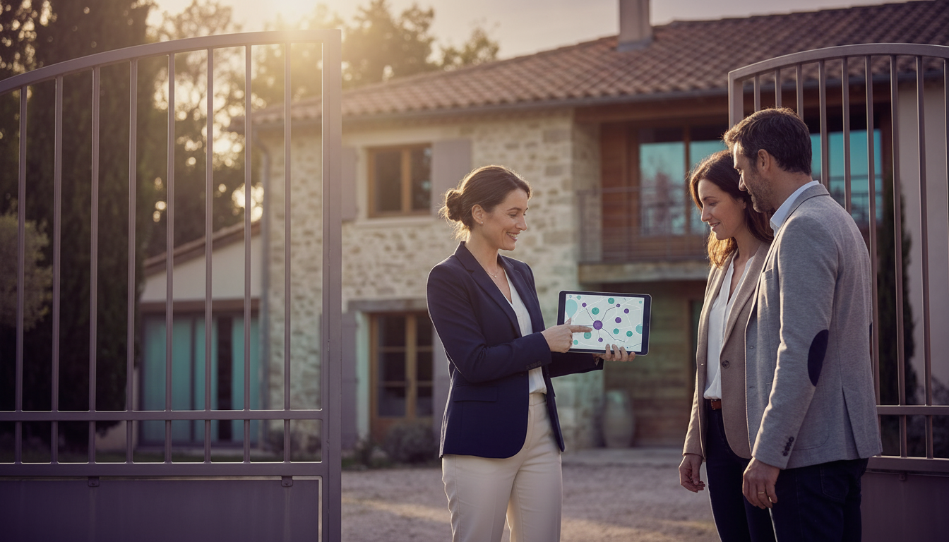 Conseiller immobilier en tenue de ville décontractée mais professionnelle, montrant une carte intera