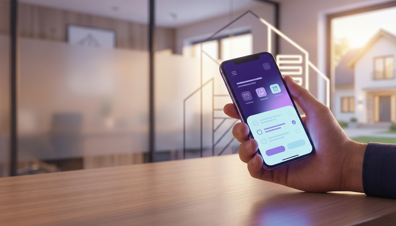 Gros plan sur la main d'un professionnel tenant un smartphone moderne. L'écran affiche une applicati
