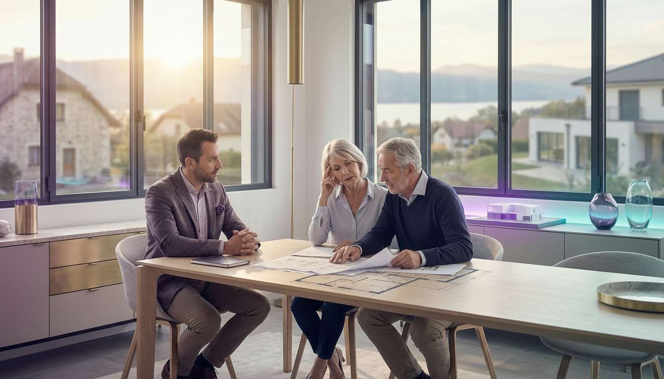 Un conseiller immobilier assis à une table de salle à manger lumineuse, écoutant attentivement un co