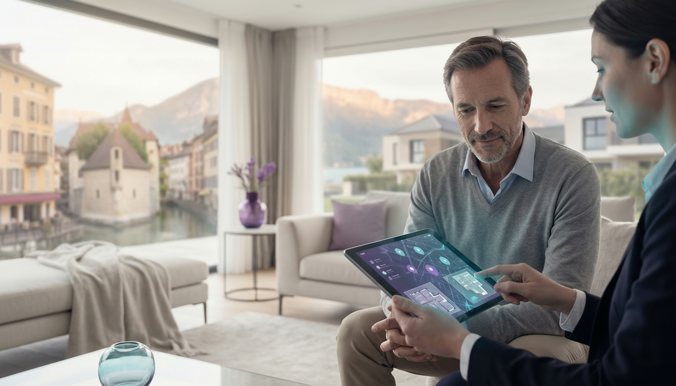 Un conseiller immobilier montrant l'écran de sa tablette à un propriétaire dans un salon moderne. Il