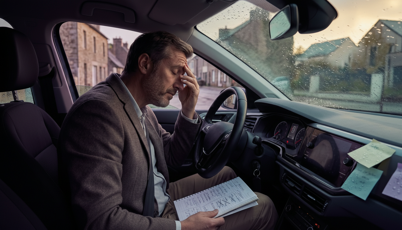 Conseiller immobilier frustré et fatigué, assis au volant de sa voiture, regardant des post-its froi