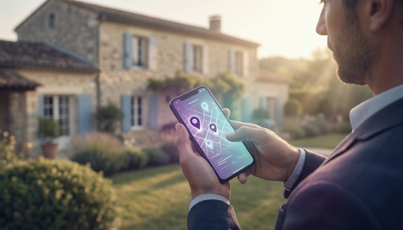 Vue de dessus d'un smartphone affichant une carte interactive lumineuse avec des repères géolocalisé