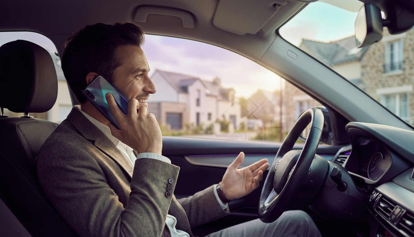 Conseiller immobilier moderne assis au volant de sa voiture, dictant ses notes de prospection sur so