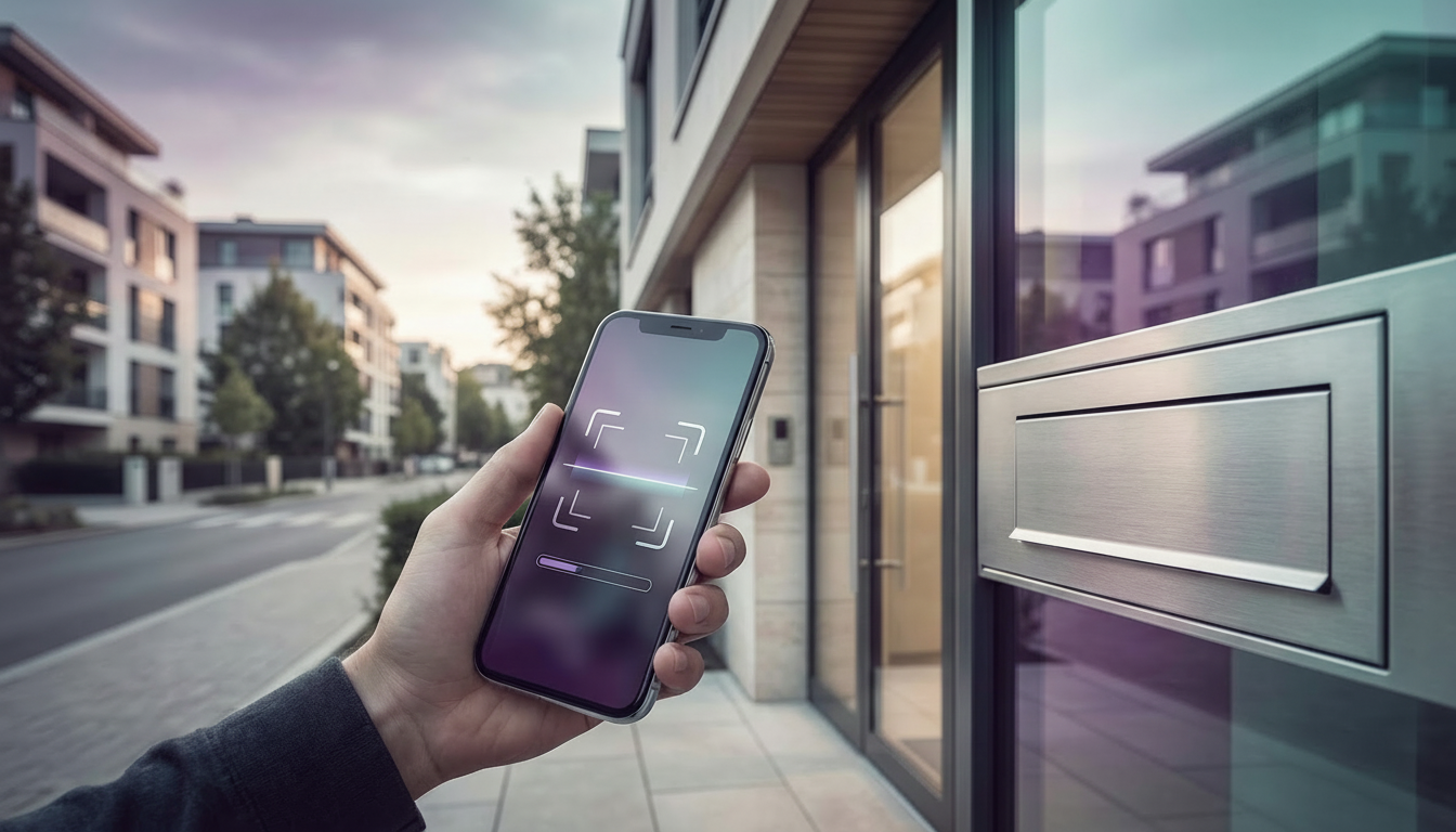 Vue à la première personne d'un agent commercial immobilier scannant la plaque nominative d'une boît