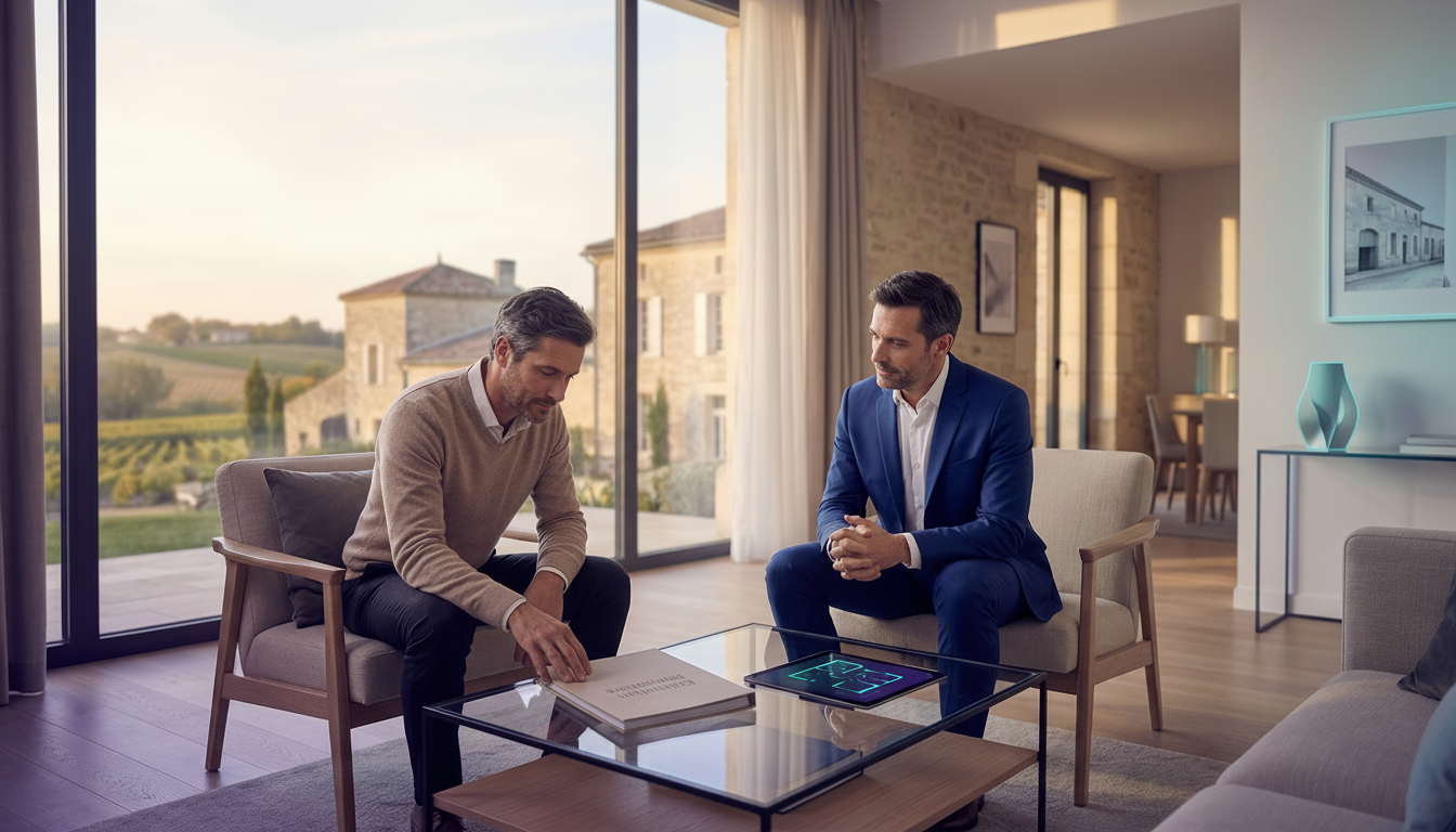 Un conseiller immobilier en tenue professionnelle assis dans le salon d'une maison moderne, gardant 