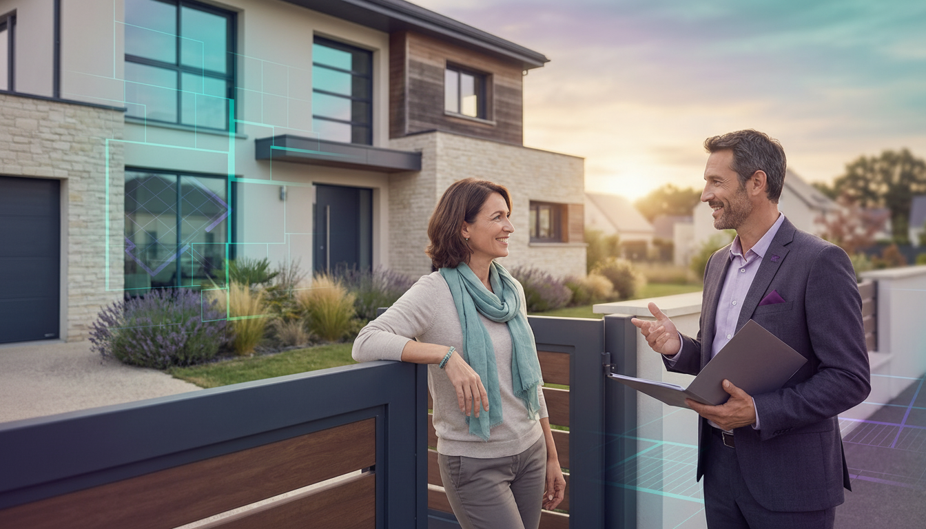 Conseiller immobilier souriant et confiant en costume décontracté, discutant de manière détendue ave