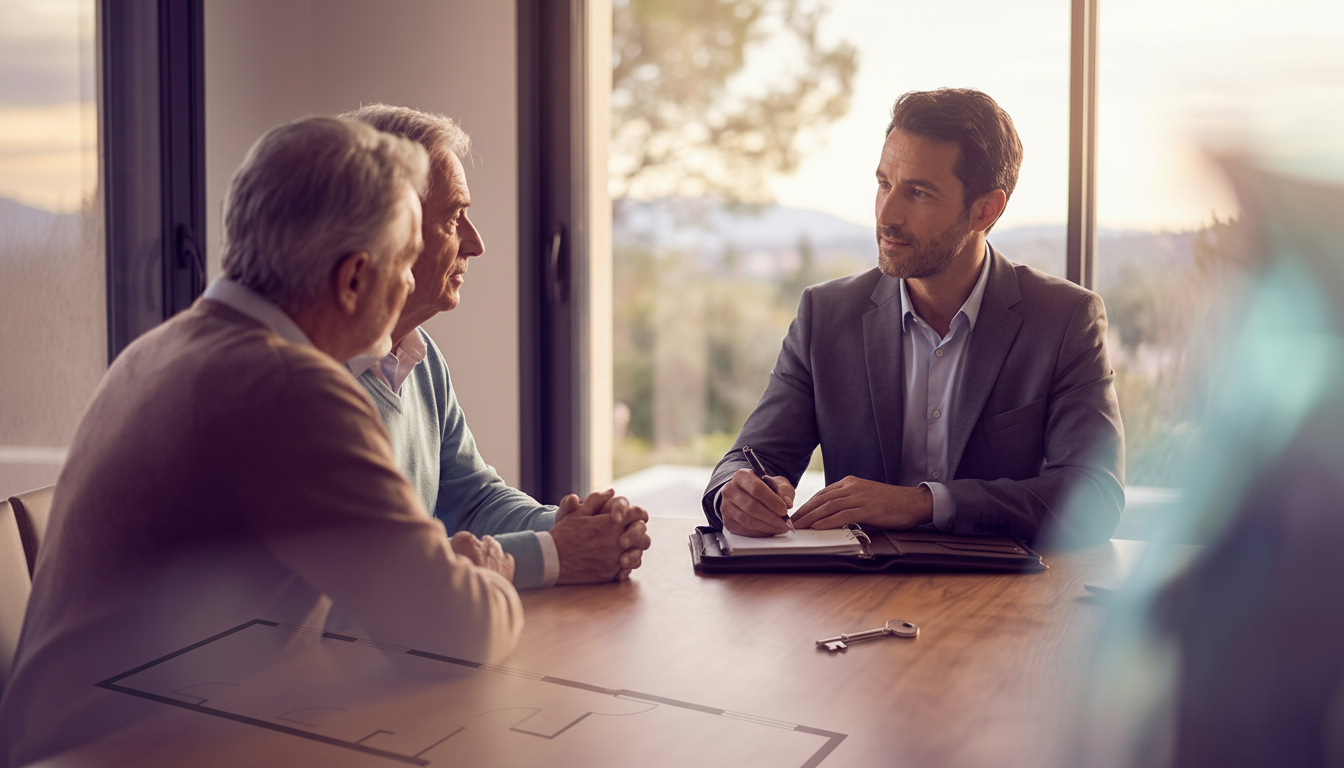 Plan rapproché d'un conseiller immobilier assis à une table, écoutant attentivement un couple de sen