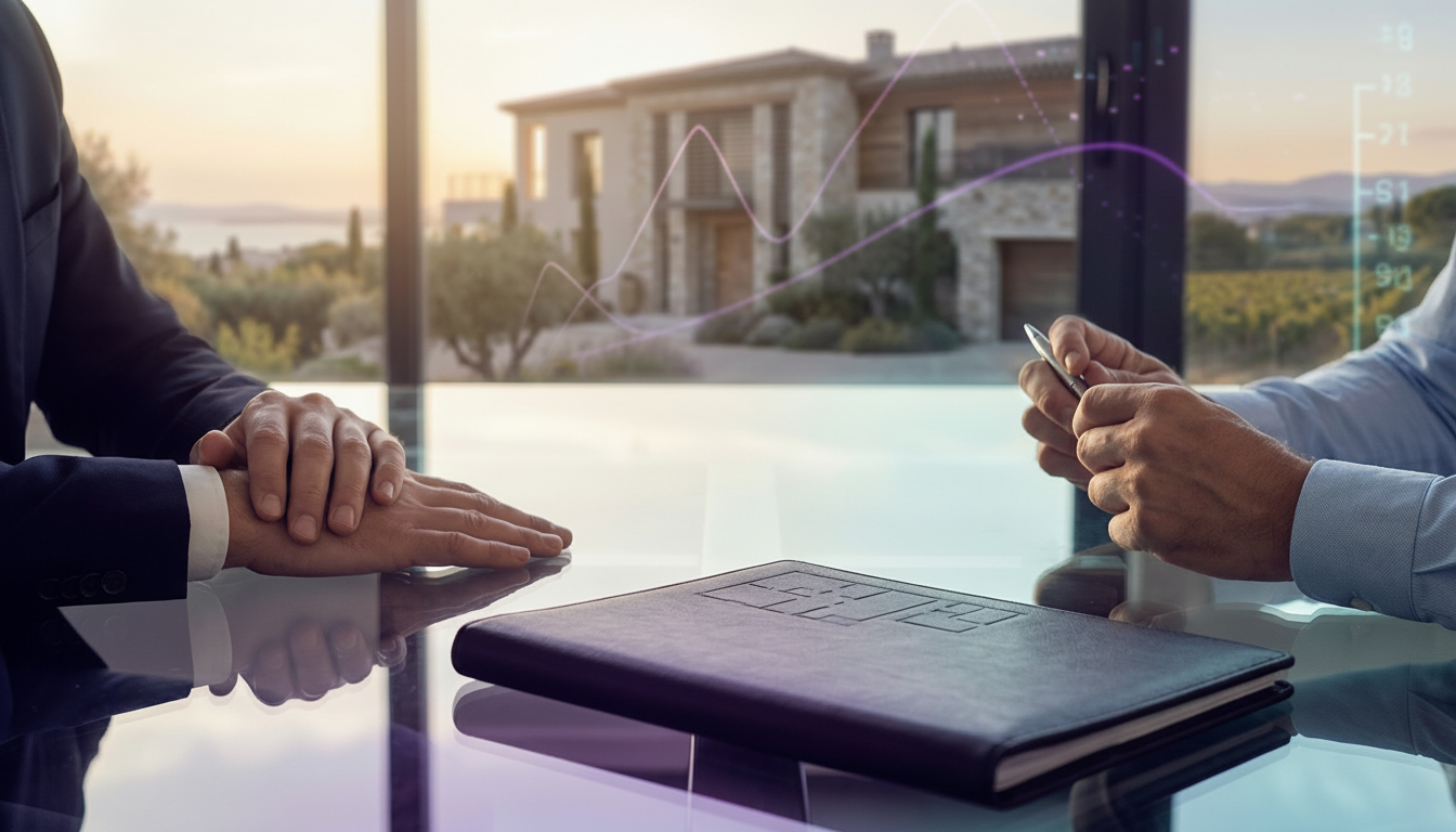 Vue subjective d'un dossier d'estimation posé sur une table en verre, avec les mains d'un conseiller