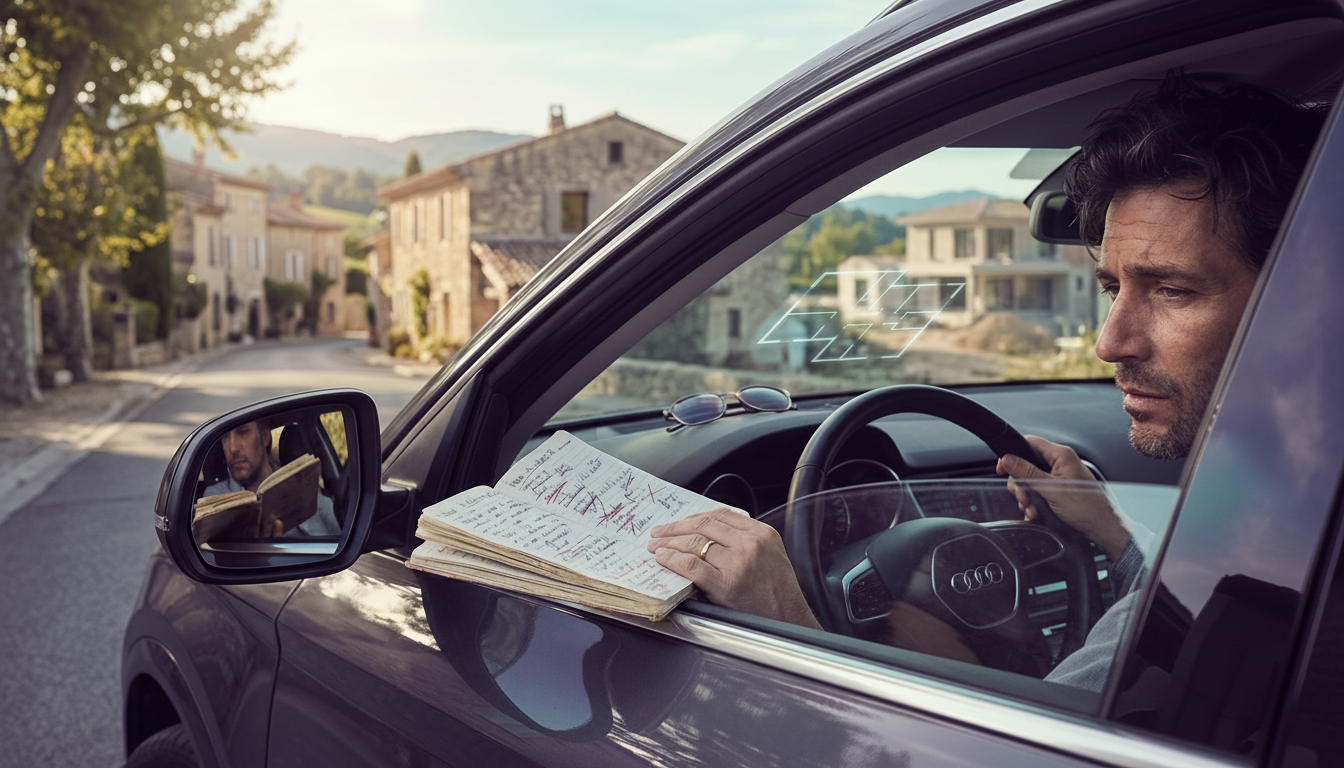 Un conseiller immobilier assis dans sa voiture, l'air fatigué après une tournée de prospection, rega
