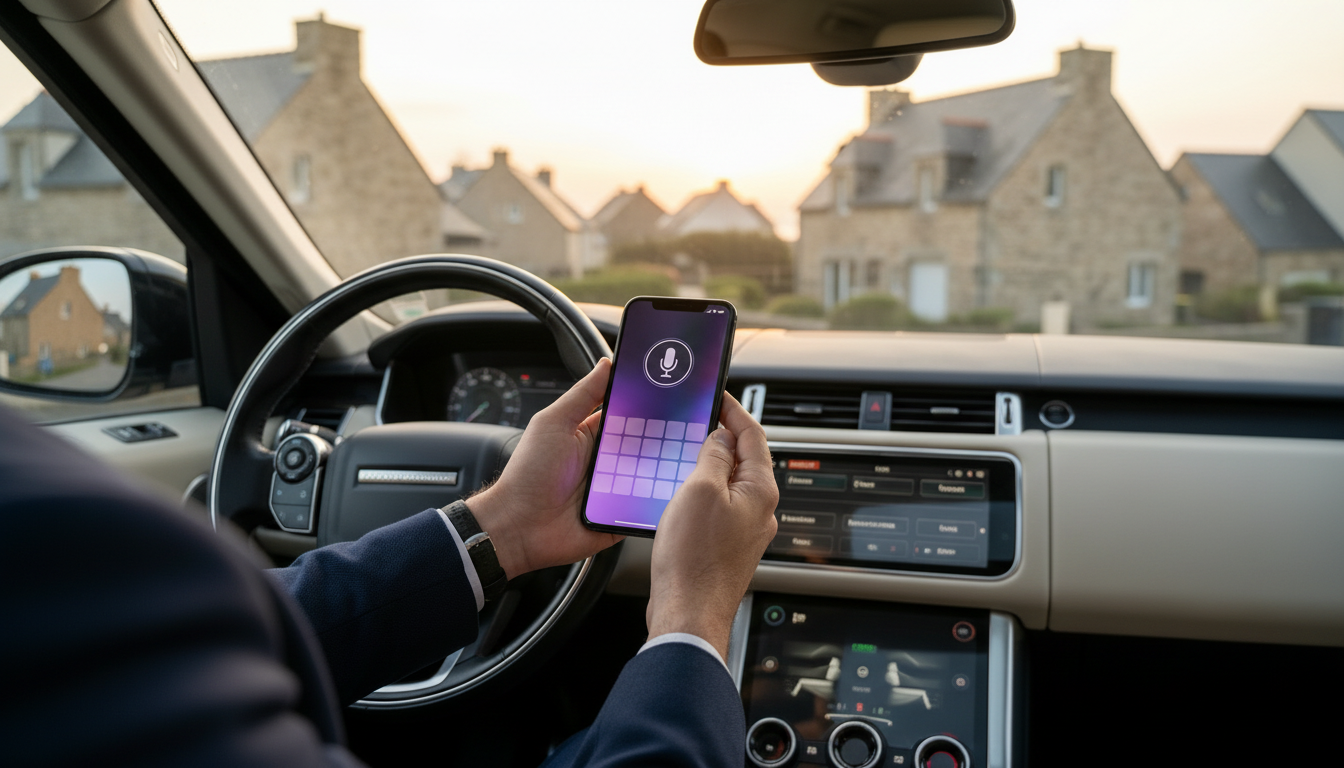 Plan rapproché sur les mains d'un conseiller immobilier au volant de sa voiture à l'arrêt, dictant s
