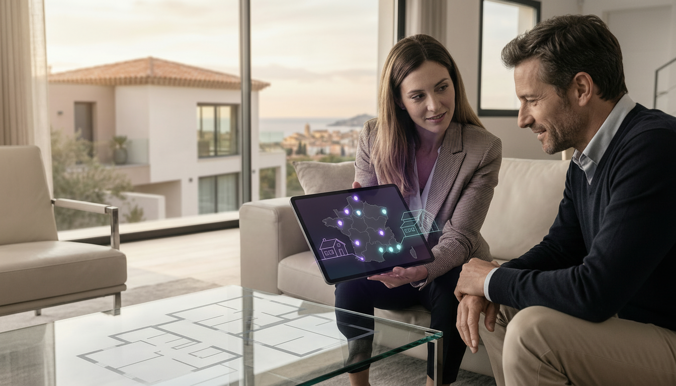 Conseillère immobilière montrant une carte interactive sur une tablette à un client assis dans son s