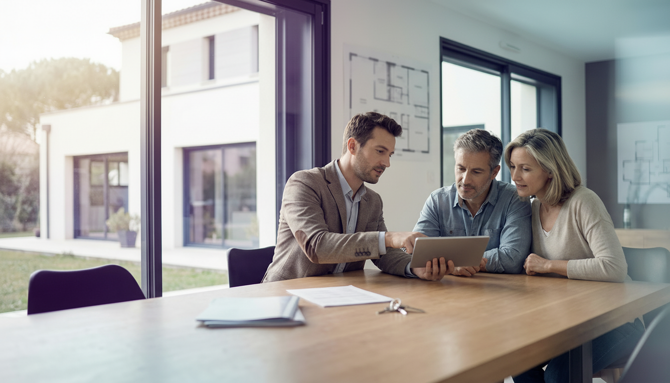 Scène d'intérieur moderne et lumineuse en France, un conseiller immobilier masculin trentenaire en t