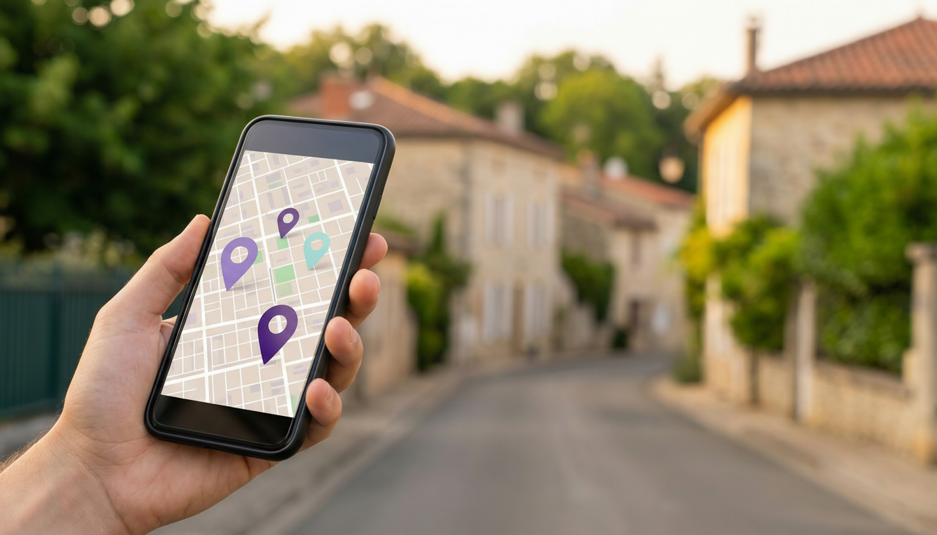 Gros plan sur une main tenant un smartphone affichant une application de carte interactive avec des 