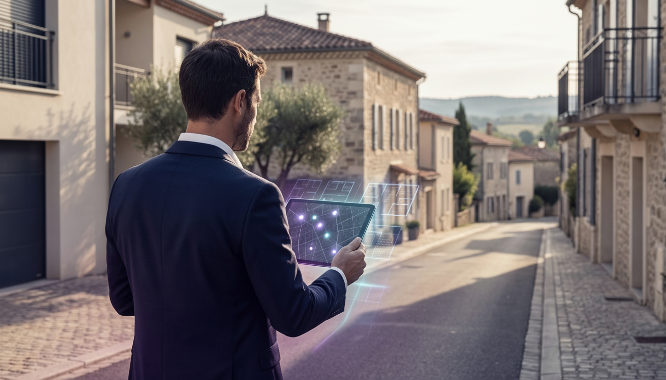 Conseiller immobilier de dos, habillé professionnellement, marchant dans une rue résidentielle franç