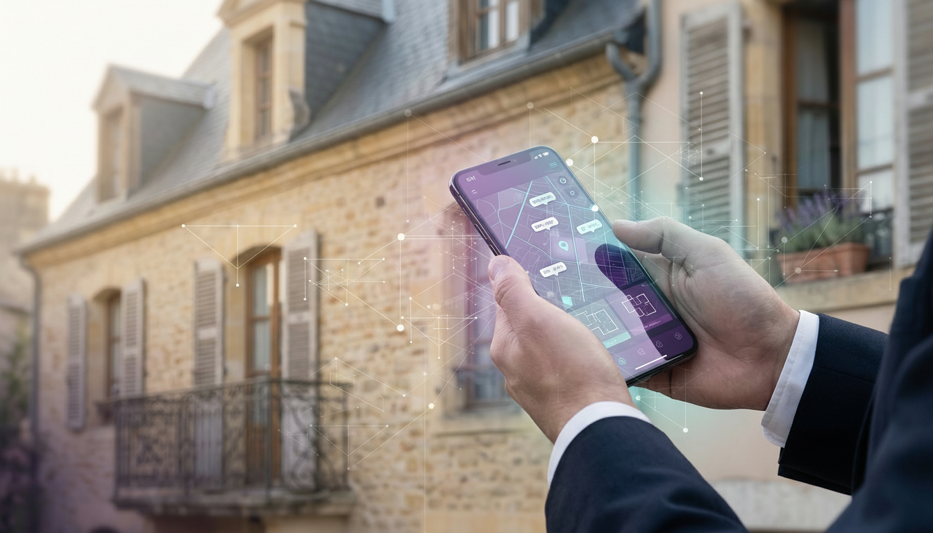 Gros plan sur les mains d'un professionnel de l'immobilier tenant un smartphone affichant une applic