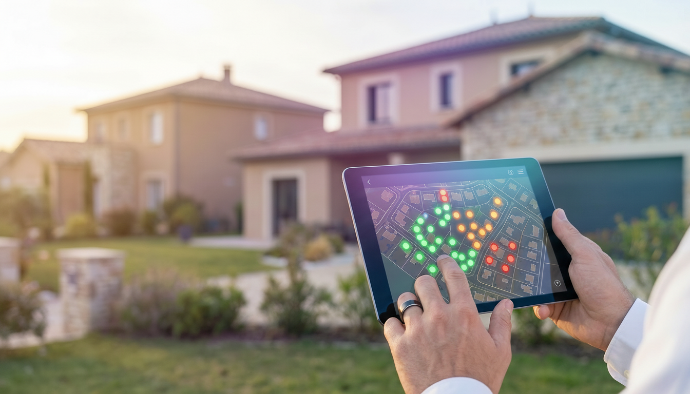 Carte interactive sur une tablette tenue par une main masculine en extérieur, montrant des points de