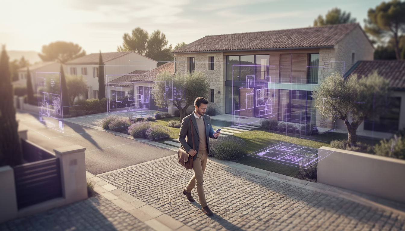Vue en plongée d'un conseiller immobilier en tenue décontractée chic, marchant dans une rue pavillon