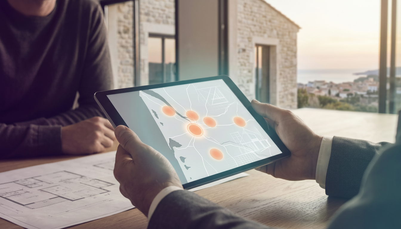 Gros plan sur une tablette tactile affichant une carte avec des pastilles orange de prix immobiliers