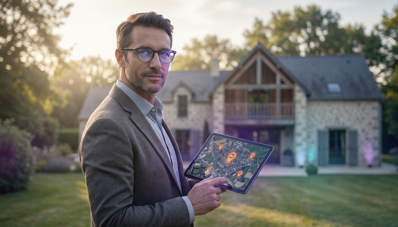 Conseiller immobilier sur le terrain regardant une carte satellite sur sa tablette avec des marqueur