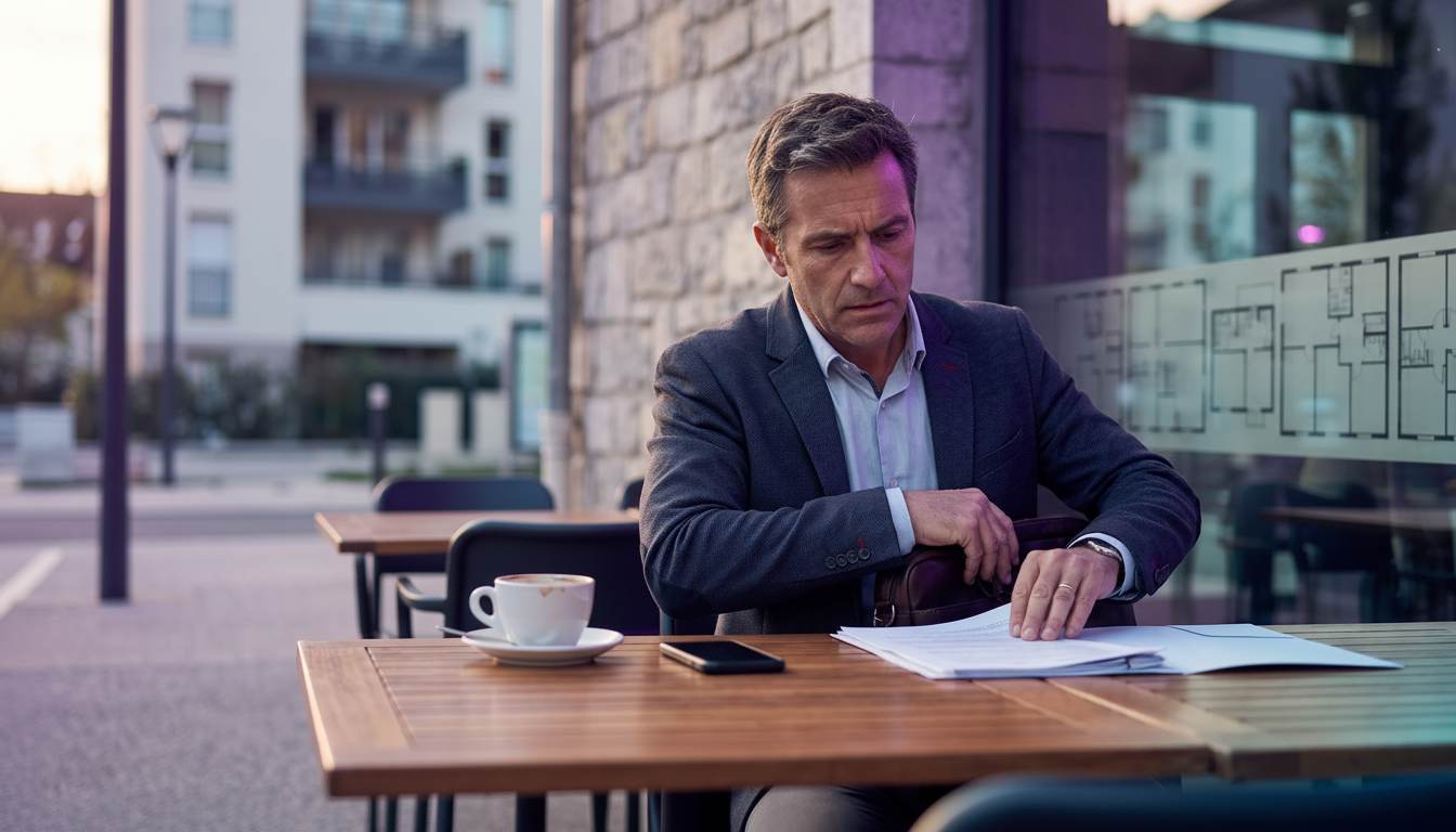 Conseiller immobilier inquiet cherchant son carnet de notes perdu à la table d'un café français mode
