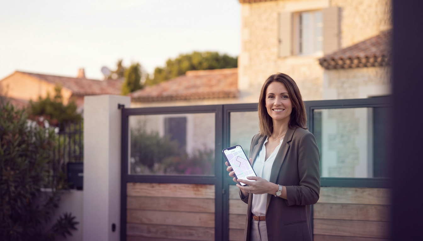 Conseillère en immobilier souriante devant un portail de maison pavillonnaire, saisissant des inform