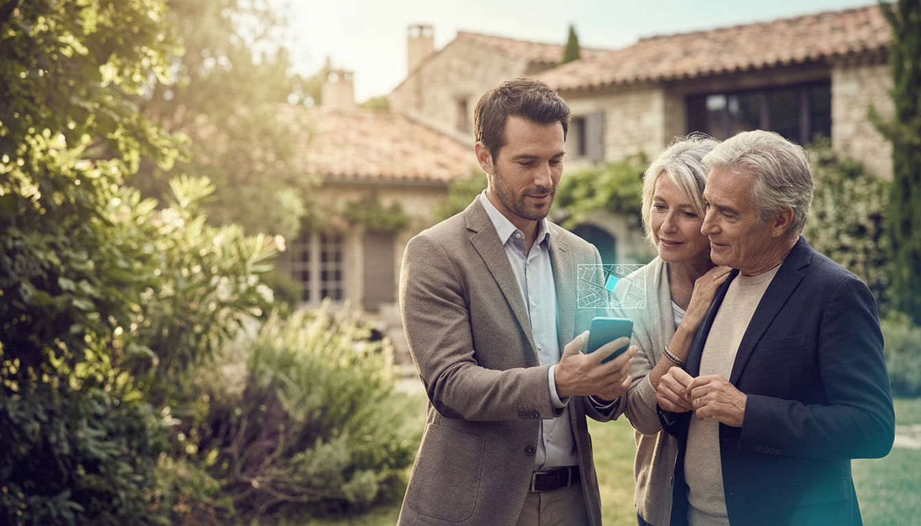 Conseiller immobilier en tenue décontractée chic montrant une carte cadastrale sur son smartphone à 