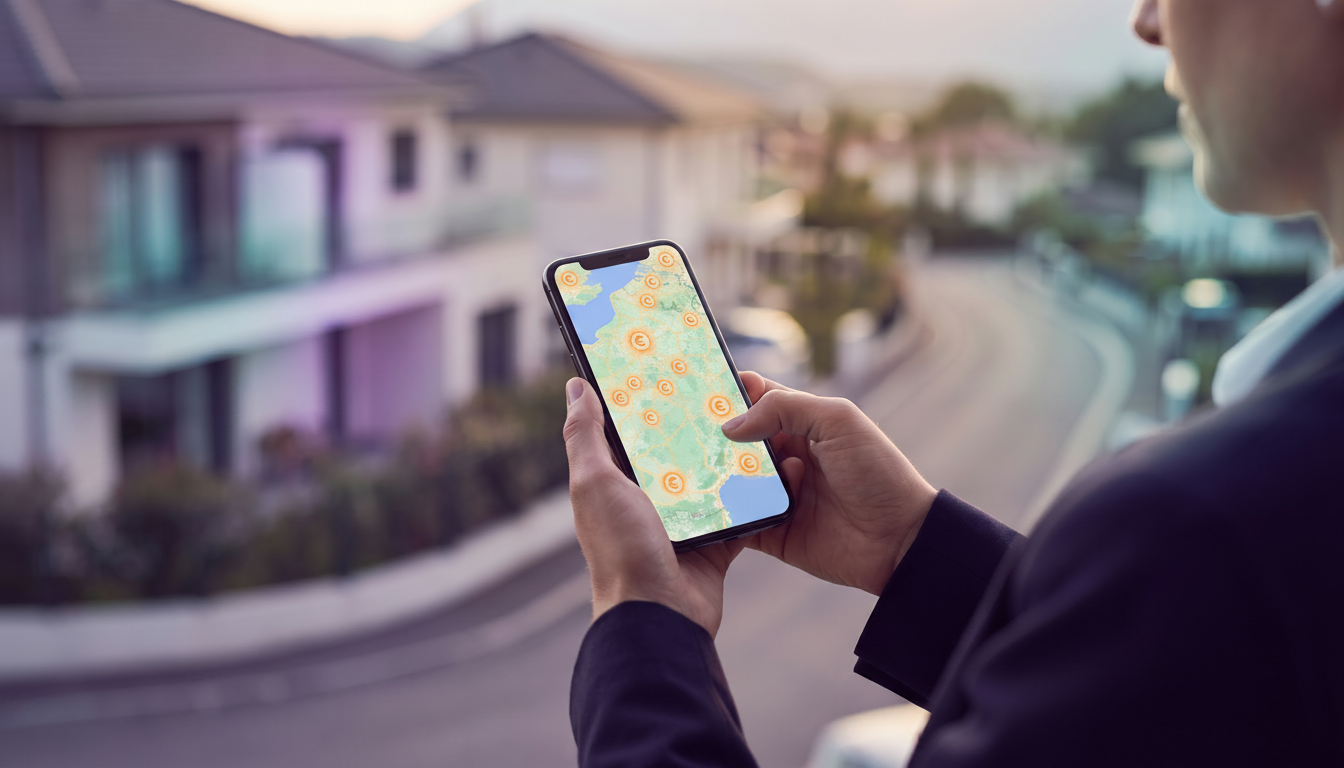 Vue en gros plan par-dessus l'épaule des mains d'un professionnel de l'immobilier tenant un smartpho