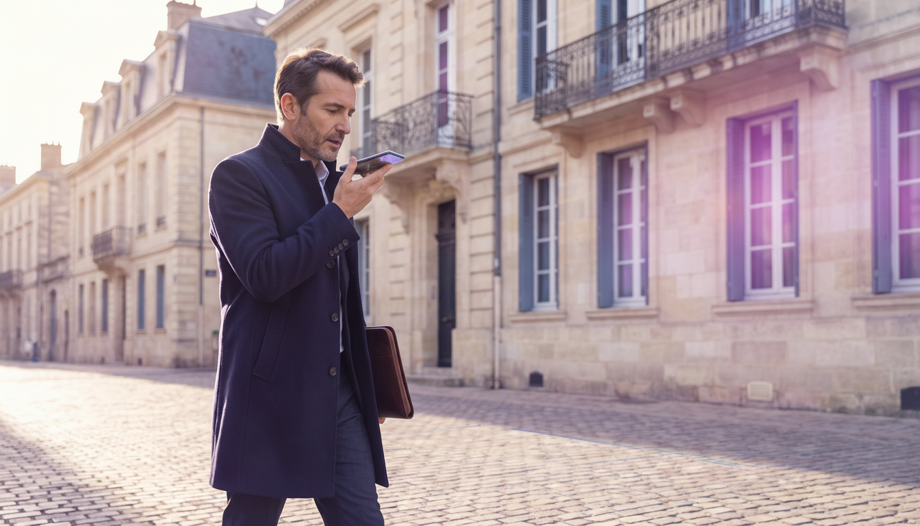 Conseiller immobilier marchant dans une rue résidentielle française ensoleillée, portant un manteau 