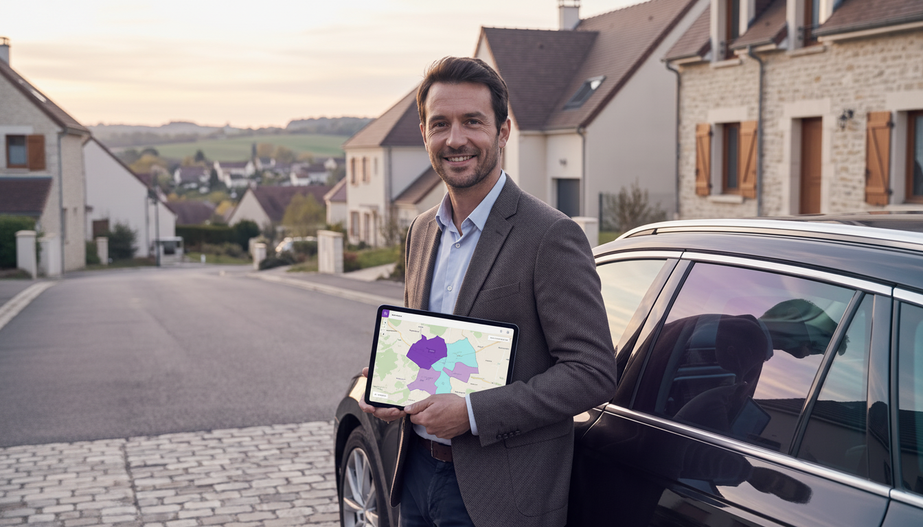 Conseiller immobilier professionnel souriant, debout près de sa voiture dans une rue résidentielle d