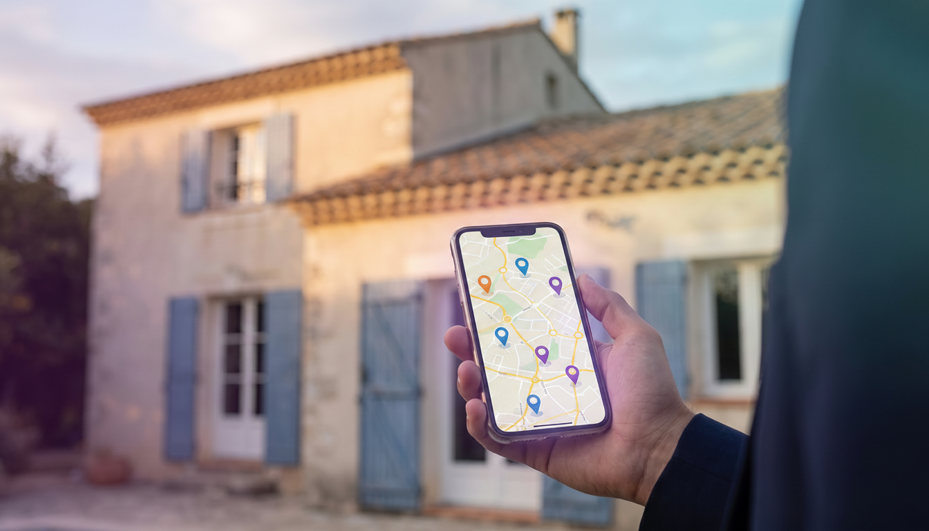 Vue par-dessus l'épaule d'un conseiller immobilier tenant un smartphone affichant une carte avec des