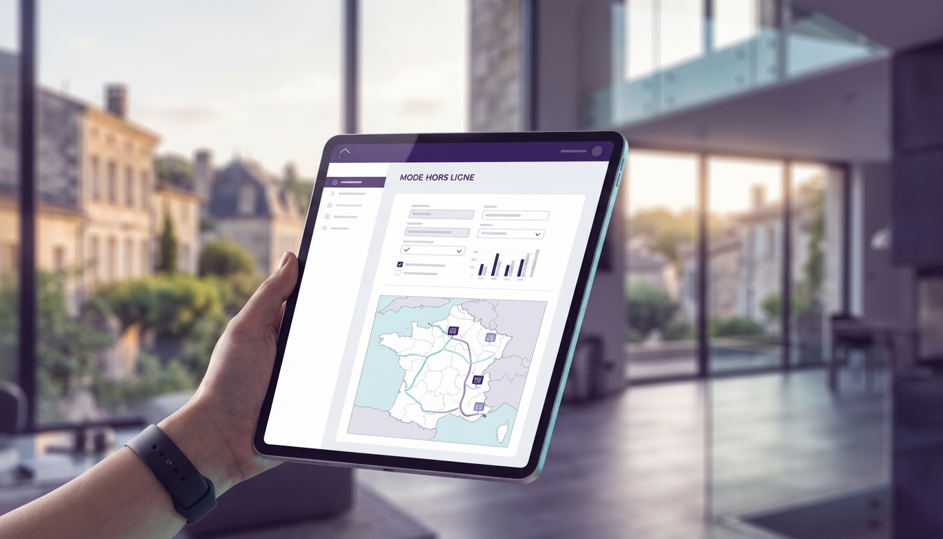 Une tablette tactile affichant une application immobilière en mode hors ligne, avec une fiche de déc