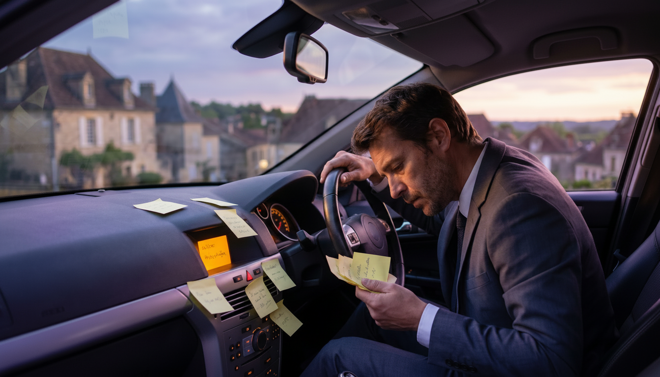 Conseiller immobilier assis au volant de sa voiture, l'air fatigué, entouré de post-its jaunes collé