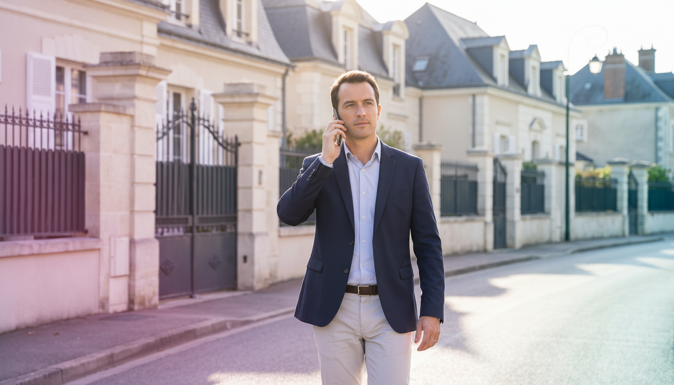 Un conseiller immobilier en tenue professionnelle décontractée, marchant dans une rue pavillonnaire 