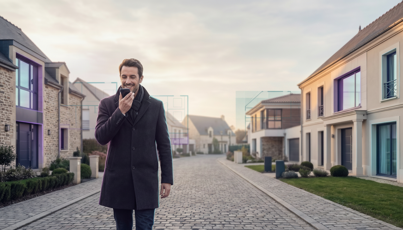 Un conseiller immobilier souriant, portant un manteau de saison, marche dans une rue pavillonnaire f